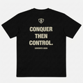 SOVERITZ L'Origine Tee 01 — dos, slogan CONQUER THEN CONTROL imprimé en beige