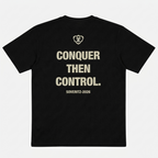 SOVERITZ L'Origine Tee 01 — dos, slogan CONQUER THEN CONTROL imprimé en beige